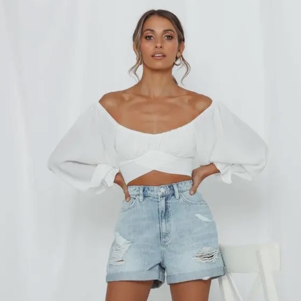 White off the shoulder tie back crop top